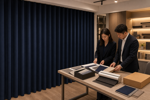 Window treatment brand team reviewing navy curtains, product samples, and branded packaging