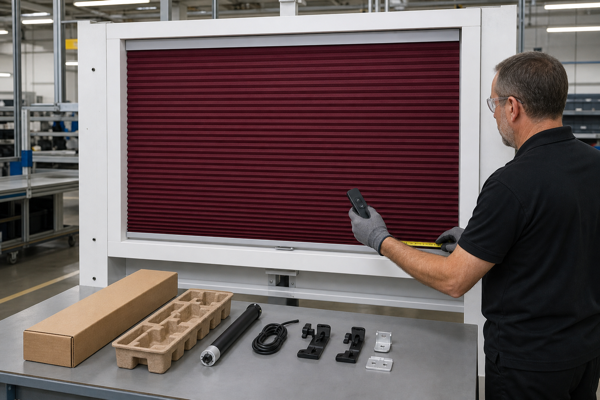 Technician checking a burgundy cellular shade, controls, brackets, and pack-out components in a factory test area