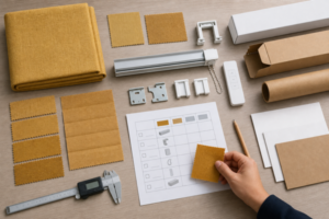 Buyer comparing ochre fabric, blind hardware, packaging materials, and a sample approval sheet