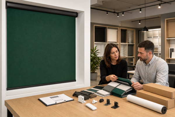 Window-treatment buyers reviewing an emerald roller shade, samples, and plain packaging for a private-label launch