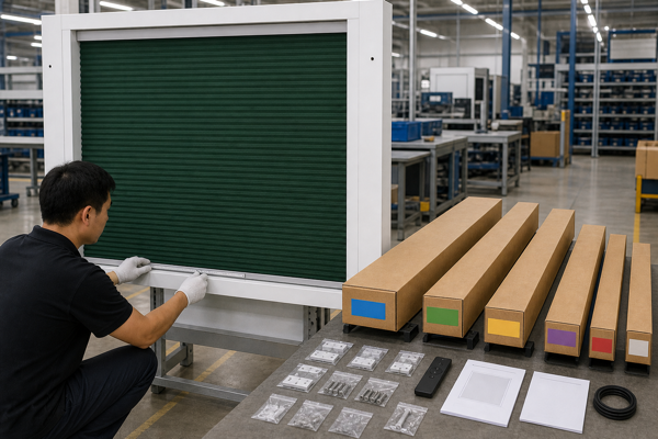 Factory inspector checking a forest green cellular shade, room-coded long cartons, and installation kits