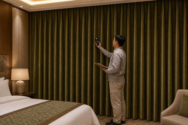 Inspector checking a ShadeCort blackout curtain in a hotel room mock-up
