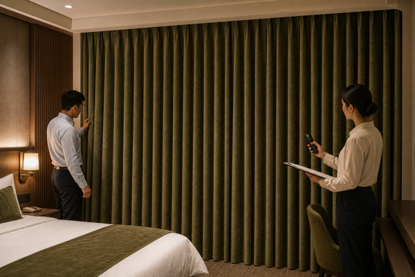 Hotel project professionals commissioning fully closed olive-green blackout curtains