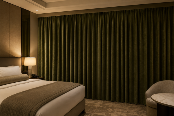 Hotel room with fully closed olive-green blackout curtains and no visible light leakage