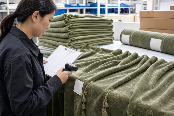ShadeCort quality inspector checking curtain labels and fabric batch records