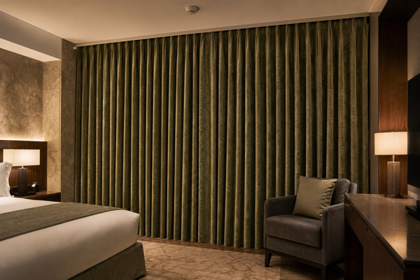 Fully closed ShadeCort flame-retardant blackout curtains in a hotel guest room