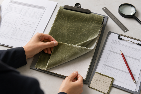 Buyer comparing a ShadeCort curtain sample with laboratory and batch documents