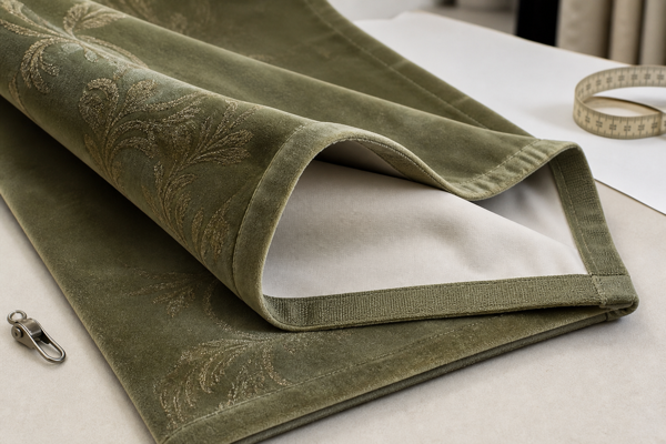 Layered ShadeCort thermal curtain sample with decorative face fabric and opaque lining