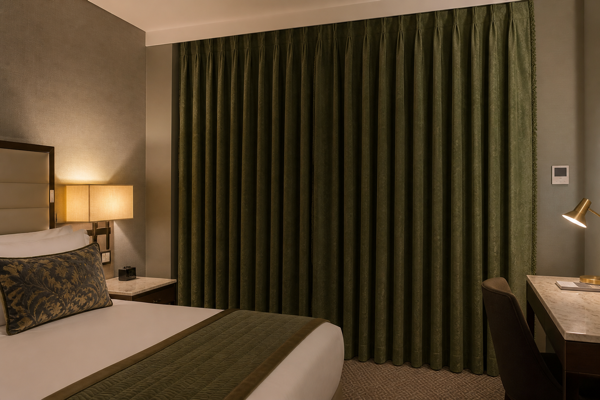 Fully closed ShadeCort thermal blackout curtains in a hotel guest room