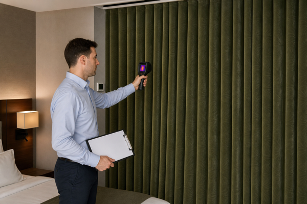 Hotel project inspector checking a fully closed ShadeCort thermal curtain with an infrared instrument
