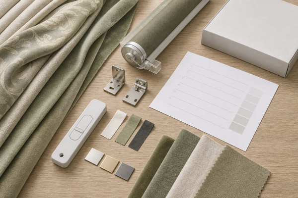 Buyer comparing sage green curtain fabrics, shade hardware, labels, and packaging samples
