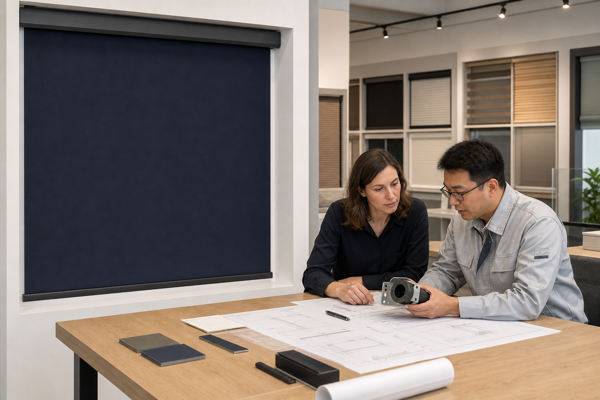 Buyer and factory engineer reviewing specifications beside a navy roller shade in a product studio
