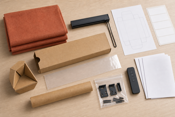 Top-down review of terracotta Roman shade packaging, brackets, remote, labels, instructions, and dieline