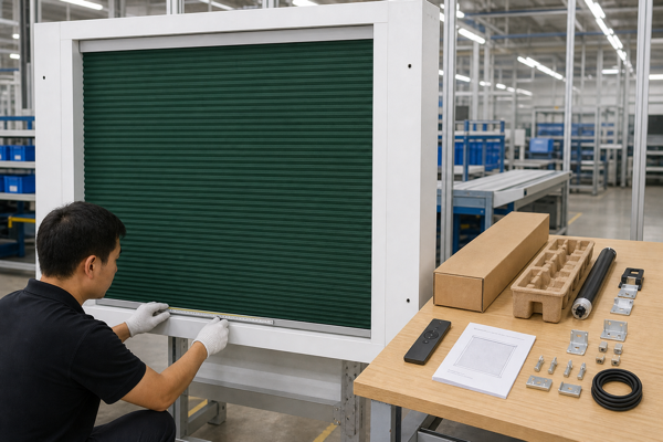 Technician inspecting a forest green cellular shade and installation kit in a factory quality-control area