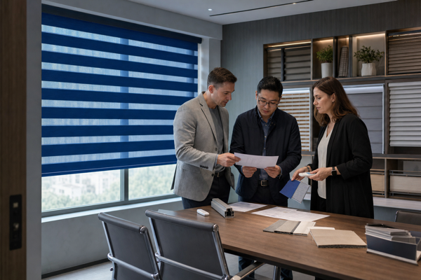 Buyer and supplier reviewing a cobalt blue motorized zebra shade, components, and quotation sheets