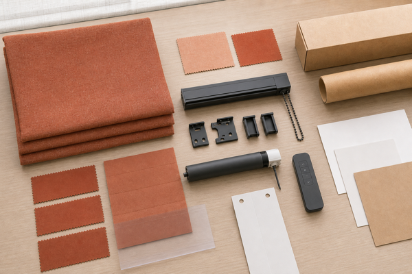 Top-down review of terracotta Roman shade fabric, hardware, motor, labels, and packaging samples