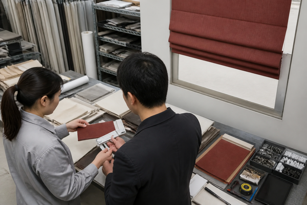 Factory specialists reviewing a rust Roman shade and approved material samples