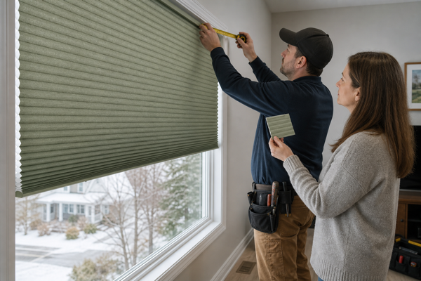 A homeowner and installer checking a sage cellular shade from a backup supplier