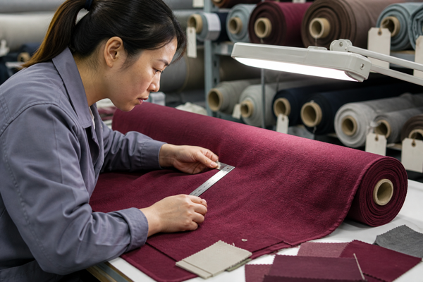 Textile technician inspecting a burgundy curtain fabric roll at an incoming material station
