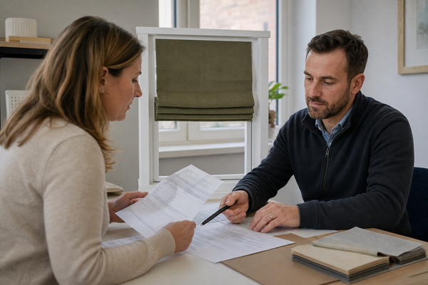 A Canadian homeowner discussing customs release beside a sage Roman shade sample