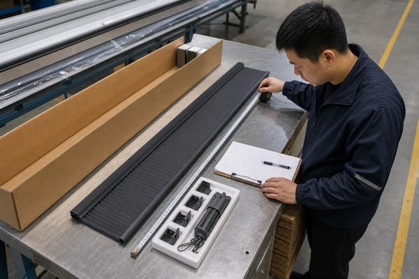 Inspector checking a charcoal cellular shade, hardware, and long carton at final audit