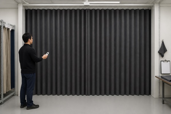 Technician testing a charcoal motorized curtain track and center closure in a factory mock-up bay