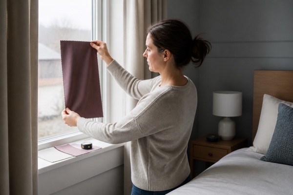 Homeowner checking a muted plum curtain swatch against bedroom daylight