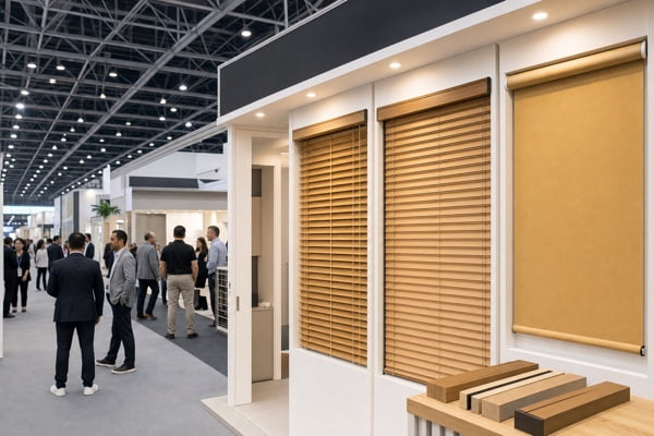 International buyers compare working window treatments at a China trade fair