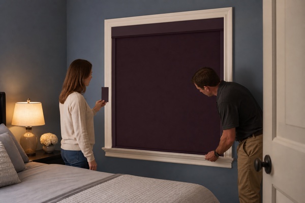 Installer and homeowner comparing an approved plum sample with a fully sealed blackout shade