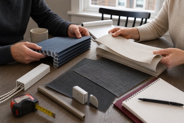 Homeowners comparing cellular, roller, and solar shade materials before ordering