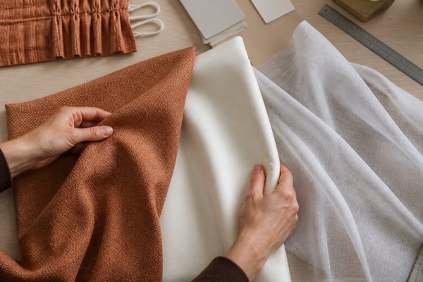 Hands comparing terracotta curtain face fabric, ivory lining, and a pale sheer