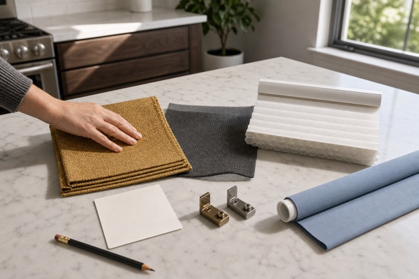 Window shade fabric, cellular material, and hardware samples compared in daylight