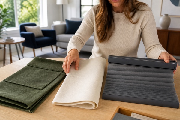 Homeowner comparing green, cream, and graphite window treatment samples in daylight