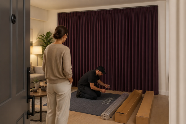 A buyer and installer inspecting spare hardware beside plum blackout curtains