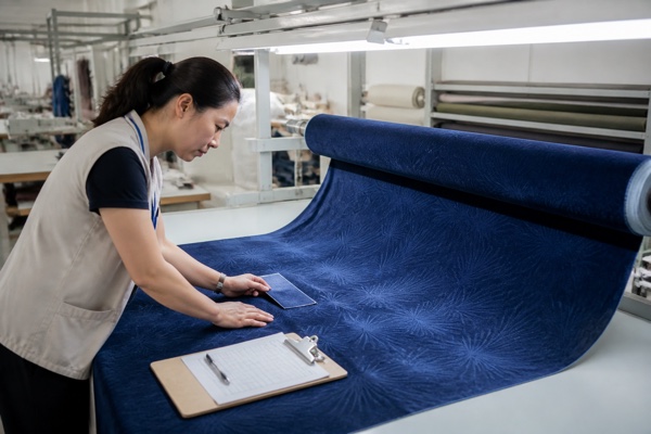 Technician inspecting an indigo curtain fabric roll against an approved swatch