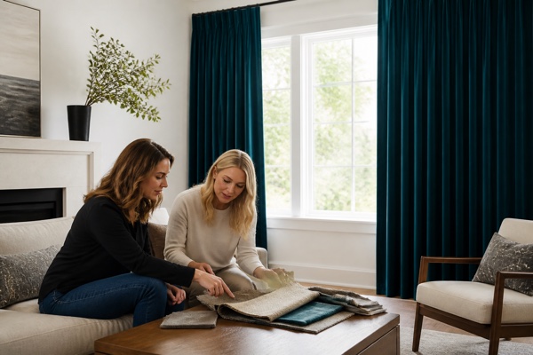 Homeowner and designer comparing curtain fabric swatches beside deep teal drapery