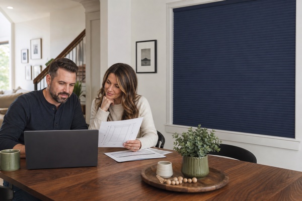 Couple reviewing a custom blind order beside a fully closed navy cellular shade