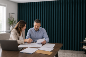A homeowner and logistics adviser reviewing customs papers beside teal blackout curtains