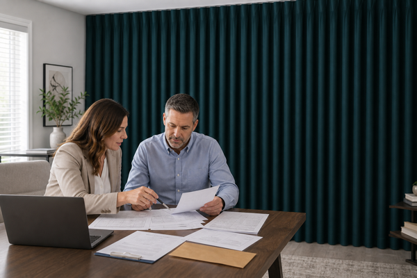 A homeowner and logistics adviser reviewing customs papers beside teal blackout curtains