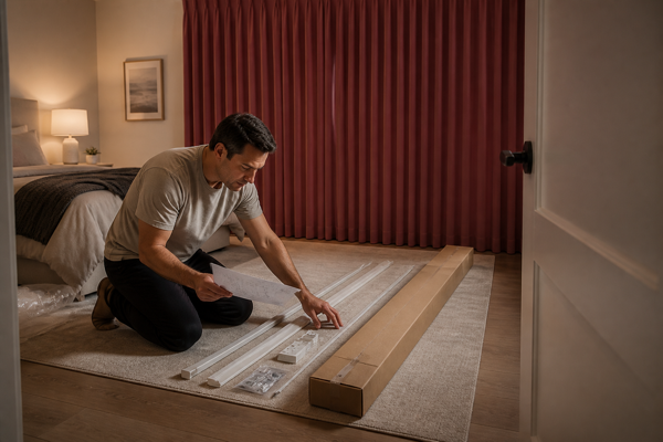 A homeowner inspecting dusty rose curtain cartons and hardware after delivery