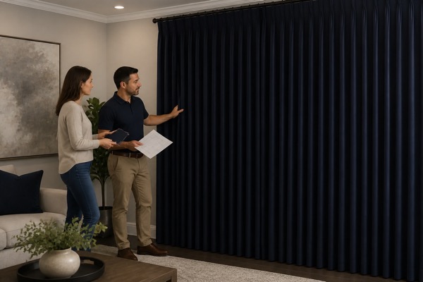 Homeowner and quality specialist checking deep navy custom curtains against an approved fabric swatch
