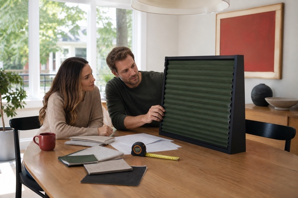 Couple reviewing a forest-green custom cellular shade working sample at home