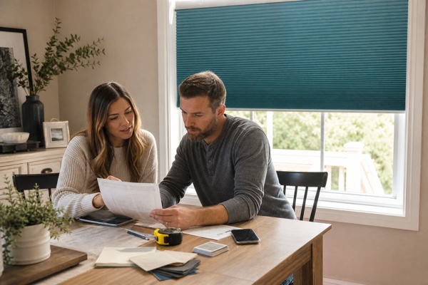 Couple reviewing a custom window shade specification sheet beside a teal cellular shade