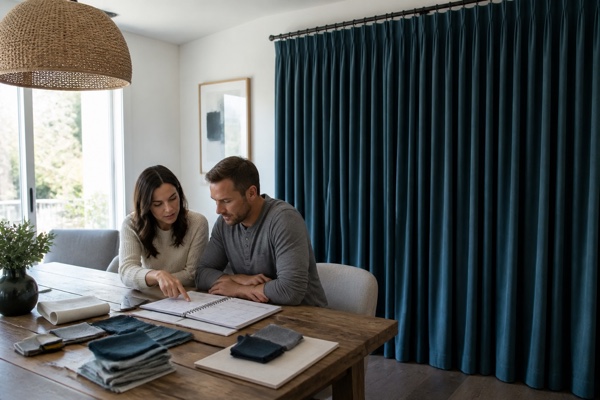 Couple reviewing a custom window treatment schedule beside deep teal curtains