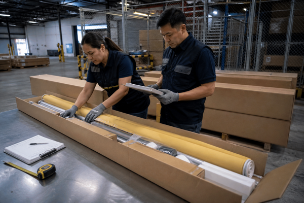 Warehouse staff examining ochre roller shade cartons during a customs hold