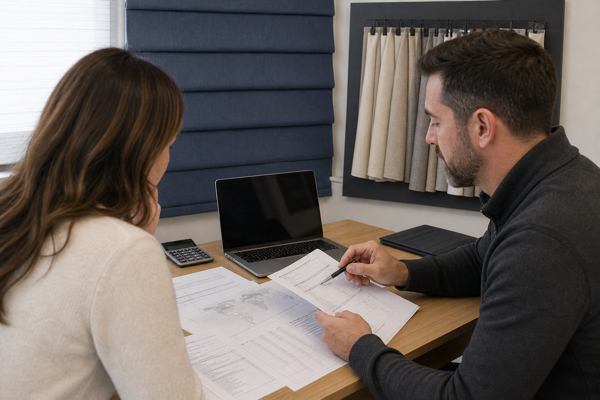 Buyer and logistics professional reviewing customs documents and window-treatment samples