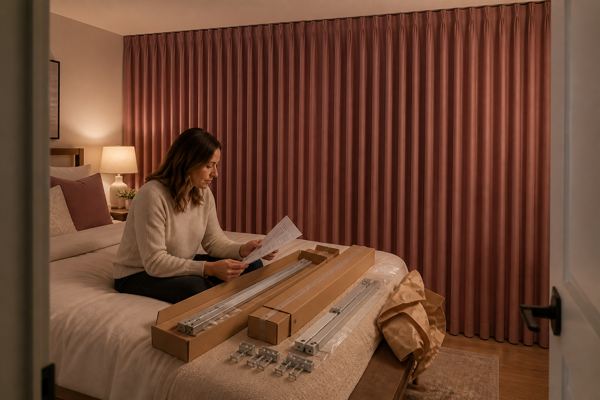 A homeowner inspecting rose-colored blackout curtains and released shipping cartons