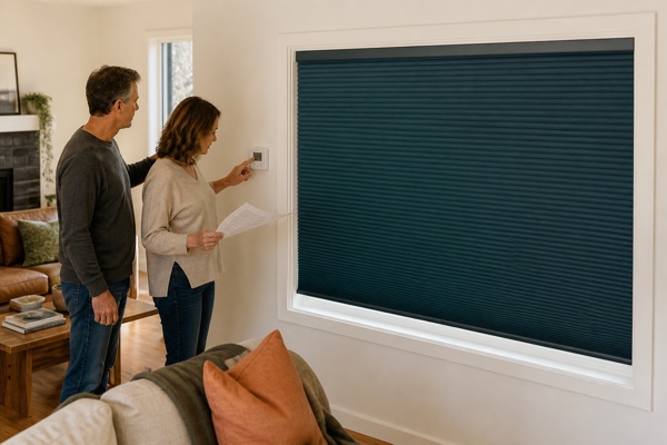 A couple comparing an energy bill beside a closed deep-teal cellular shade