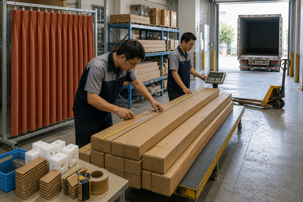Factory workers preparing terracotta curtain cartons for an EXW pickup
