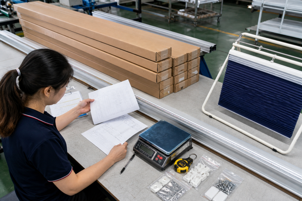 A factory document specialist checking navy shade cartons against an invoice and packing list